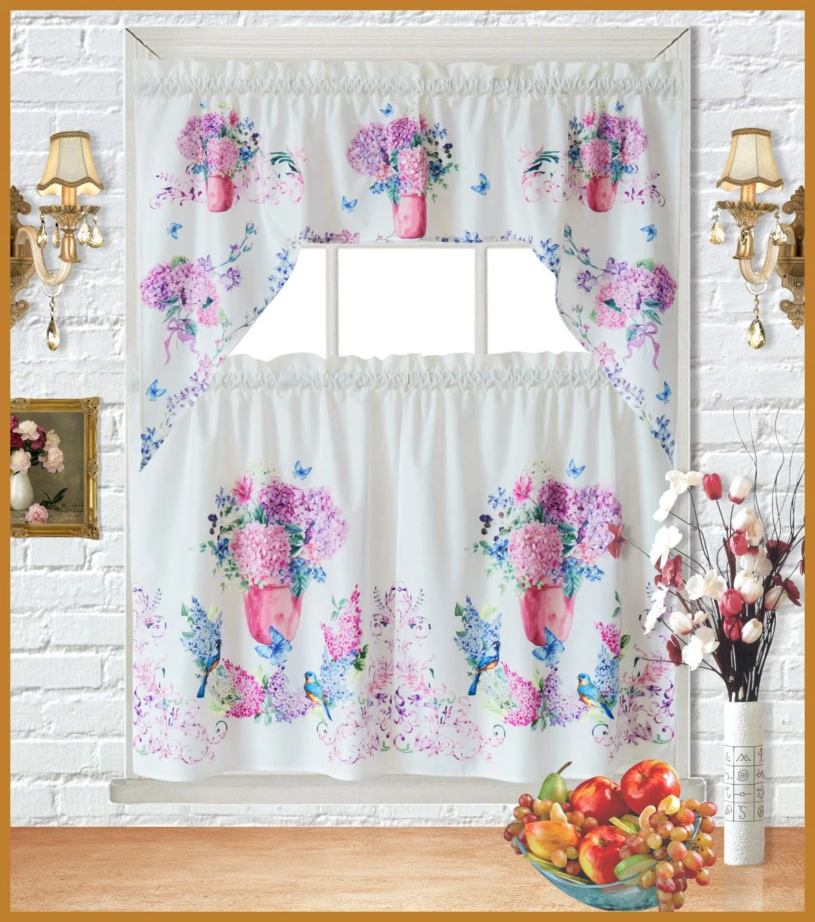 Flores Ribbion bordado Tela de paño blanco hogar decoración de ventana Swag cortina de cocina