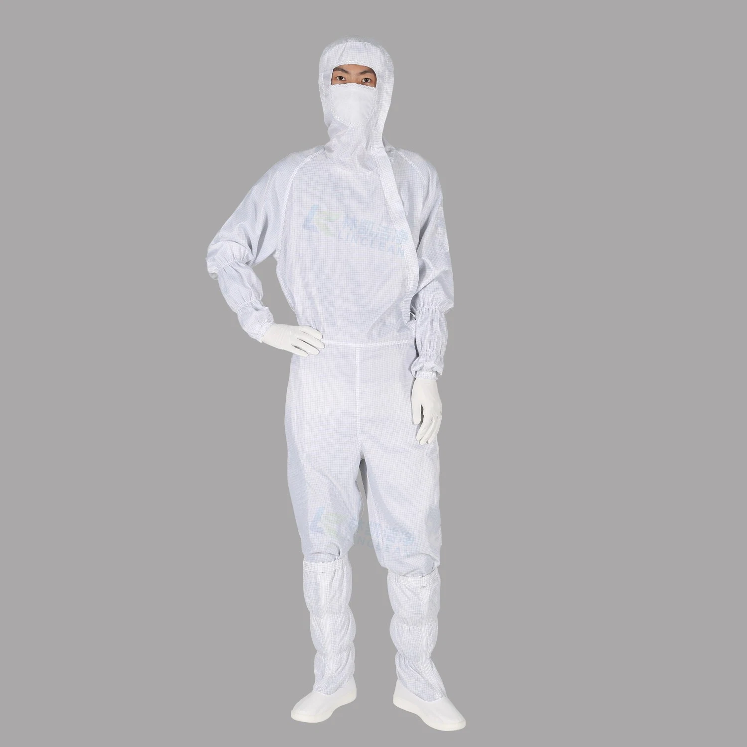 White 5mm Grid Side Zipper Dust Free Unisex Anti Static Hooded Cleanroom Work Clothes ESD Garment