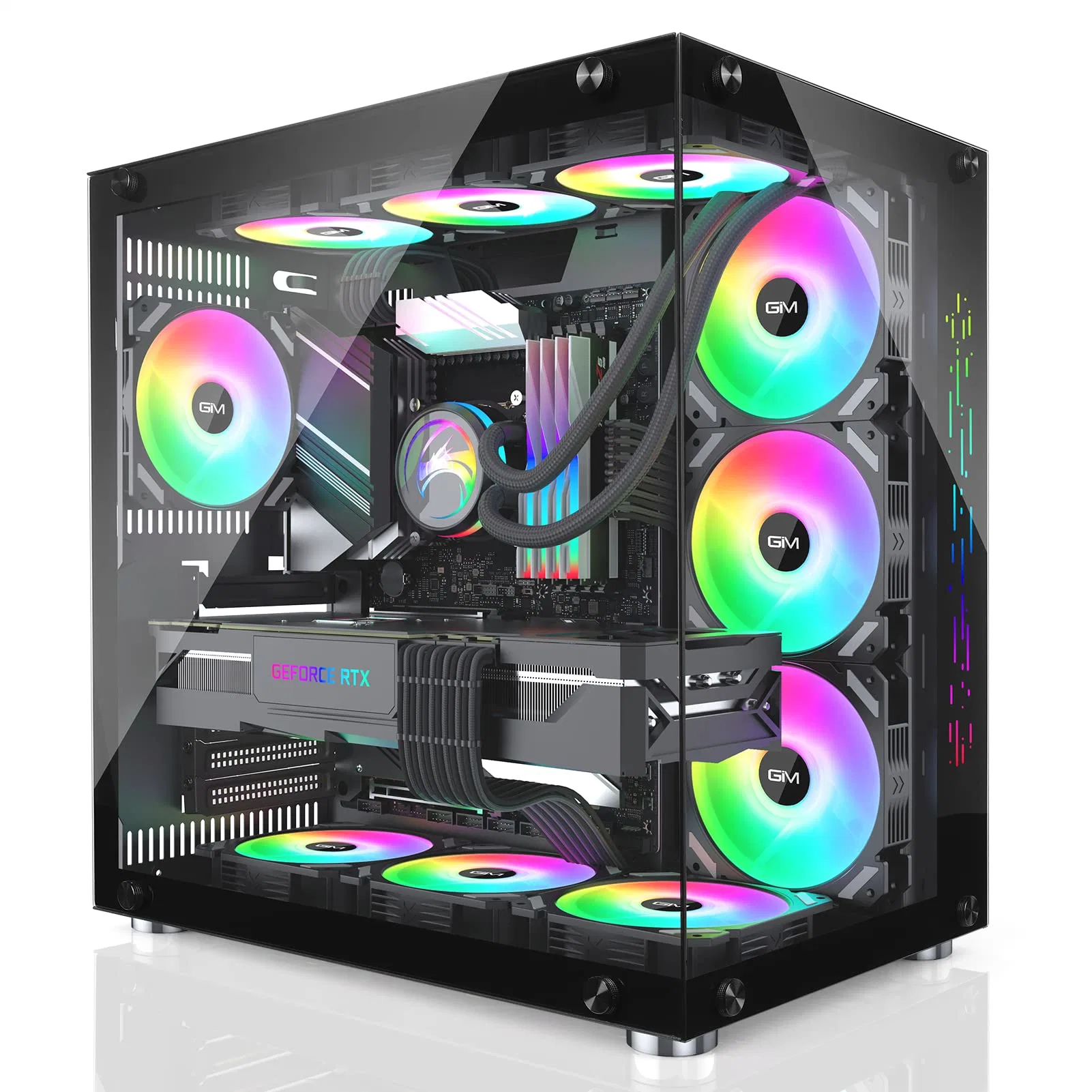 Gim ATX MID-Tower PC Case Black 10 Pre-Installed 120mm RGB Fans Gaming PC Case 2 Tempered Glass Panels Gaming Style Windows Computer & Desktop Case USB 3.0 I/O