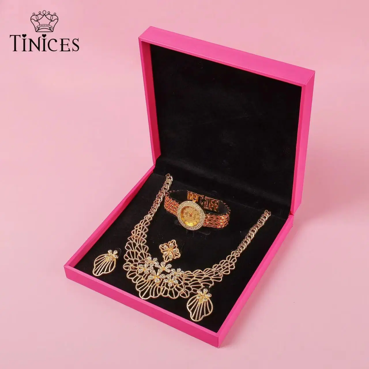 Gold Luxury Watches, Jewelry Necklace Earrings Wedding Set Gift Box