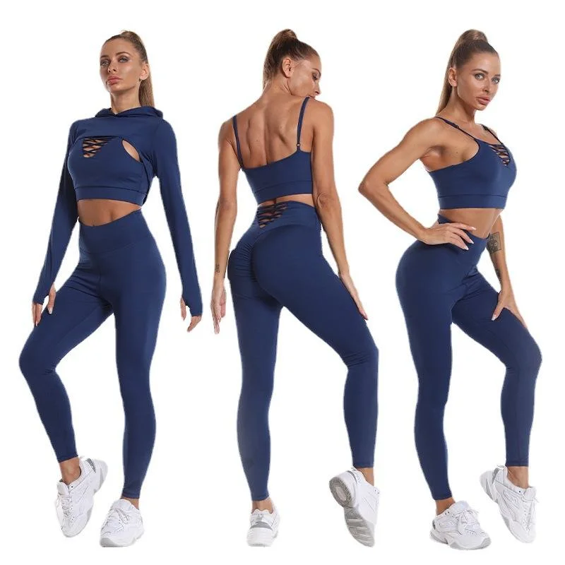 3 PCS Sports Fitness Seamless Yoga Sets Workout Top Long Sleeve with Hoodie Women Set