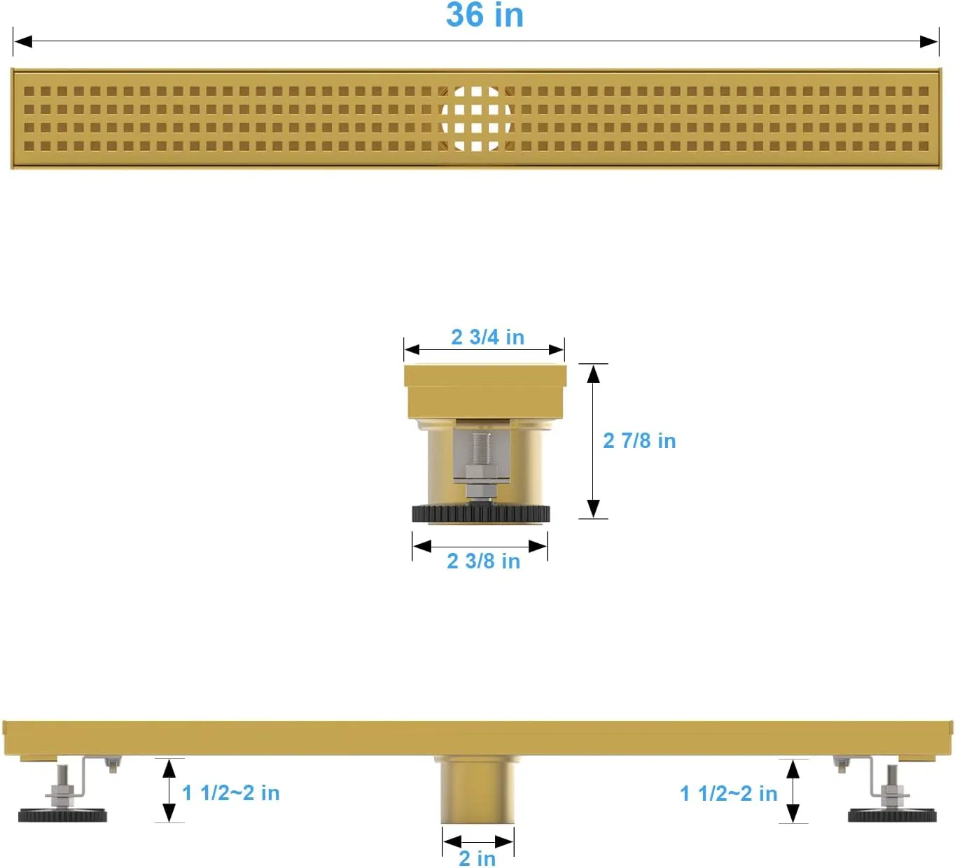 36-Inch Brushed Brass Linear Shower Drain with Removable Quadrato Pattern Grate, 304 Stainless Steel Gold