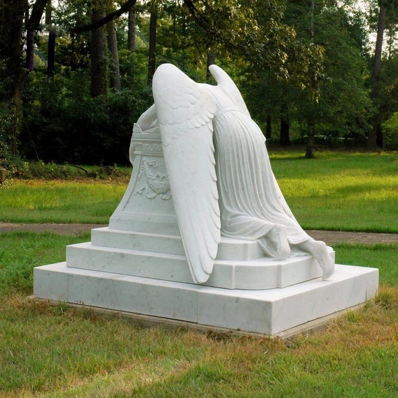 Decoração personalizada do cemitério chorando Angel Headstone White Marble Chying Angel Tombstone