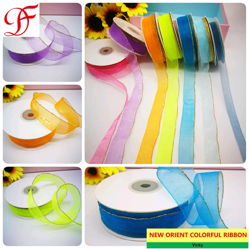 Manufacture Wholesale OEM Sheer/Organza Ribbon with Single Color Metallic Edges for Bows/Decoration/Xmas/Wrap/Garments Accessories/Christmas