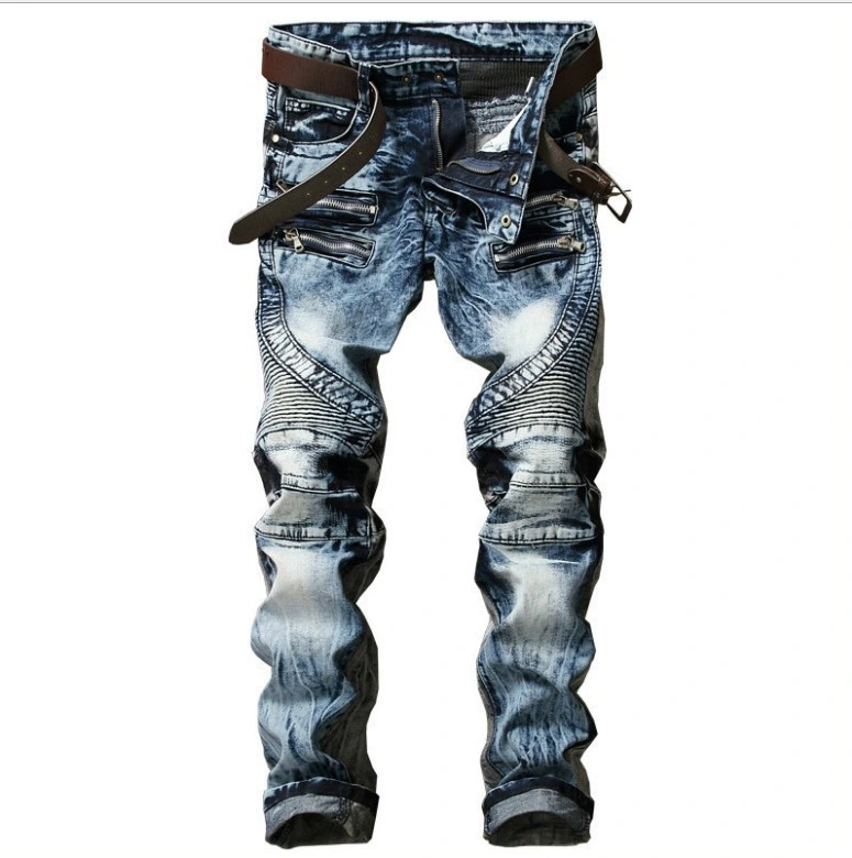 Estilo de la calle recta Slim-Fit Biker Zipper lavado Men's Denim Jeans