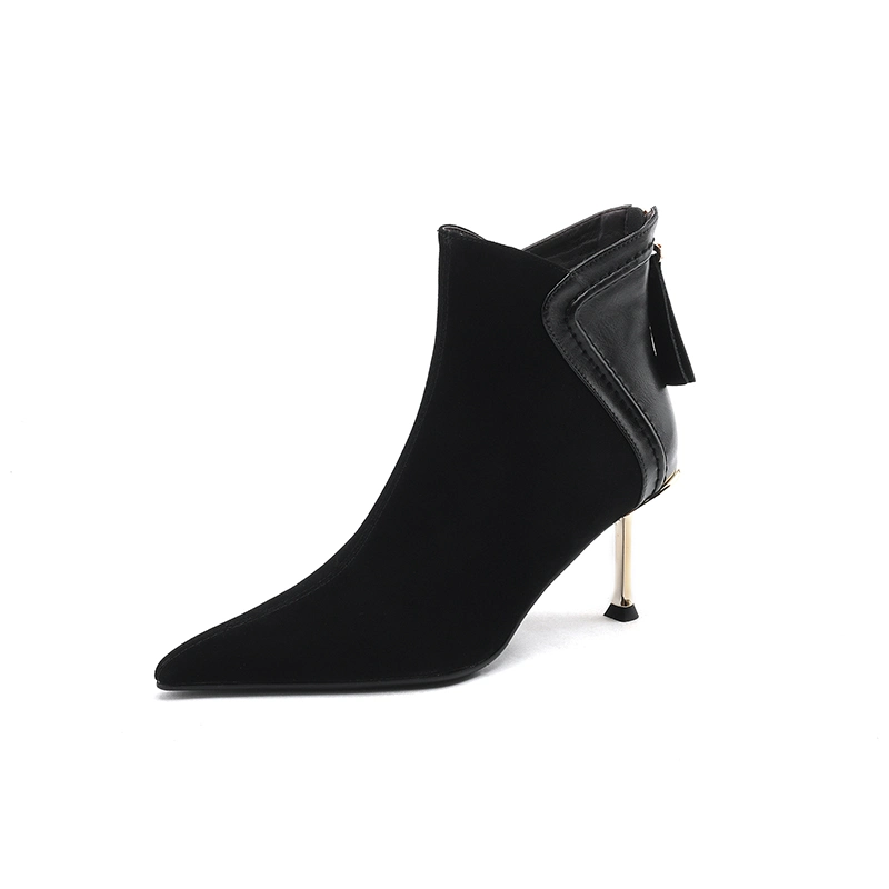 Customize Ladies Pointed Toe Black Suede Back Zipper Electroplated High Heel Women Ankle Boots