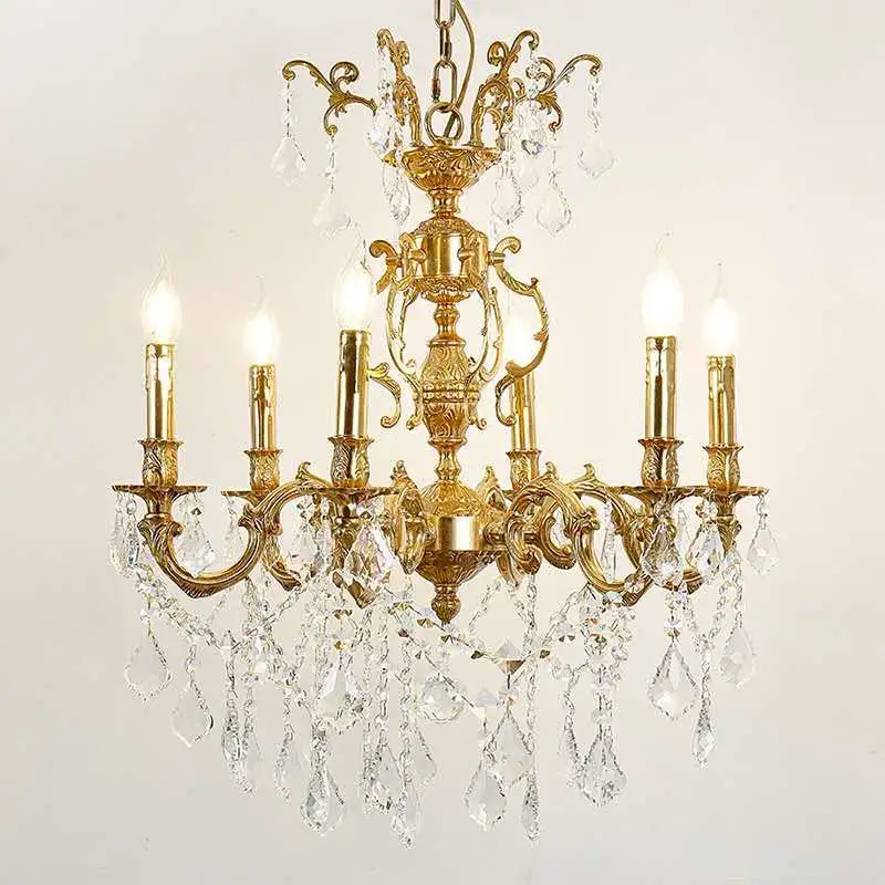Creative Delicate Living Room candelabros Colgantes de latón retro francés claro Iluminación de cristal Chandelier