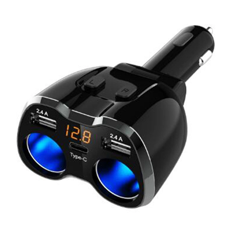 Universal Travel 3 in 1 Retractable Car Charger 2 Sockets Cigarette Lighter Splitter 12/24V 80W Dual USB Type-C Car Charger