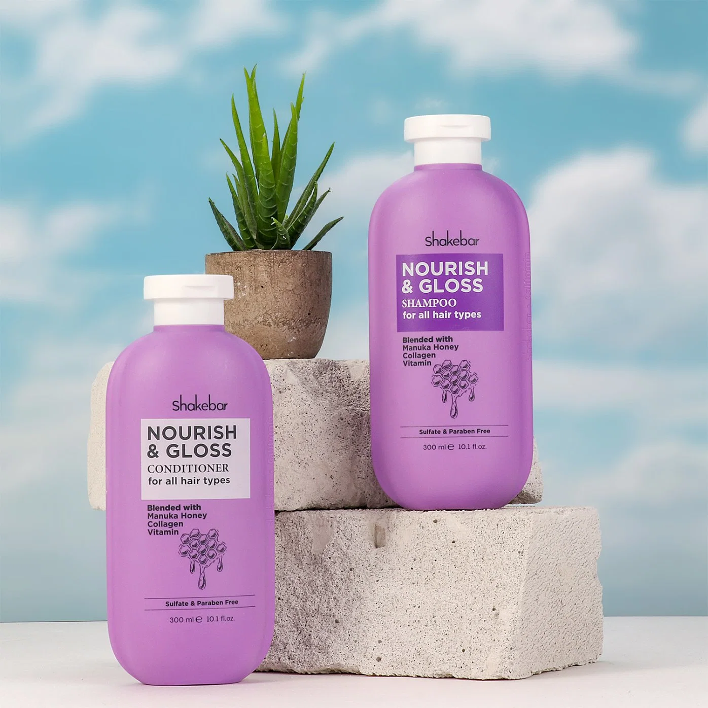 Shakebar Produits capillaires 300ml Shampooing et après-shampooing Collagène Nourrissant & Brillant pour tous types de cheveux.