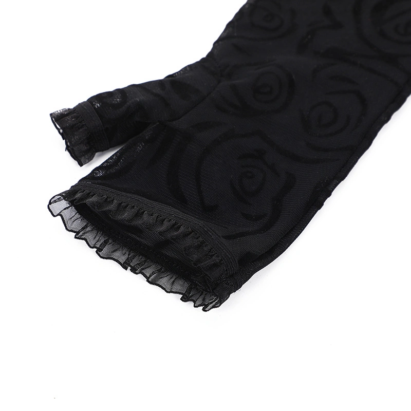 Hueco de la moda femenina de encaje negro de encaje Sexy larga y delgada de malla de protección solar Guantes Fingerless