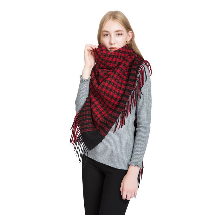 High-Quality Red and Black Double-Sided Plaid Winter Soft Women Wool Scarf Shawl