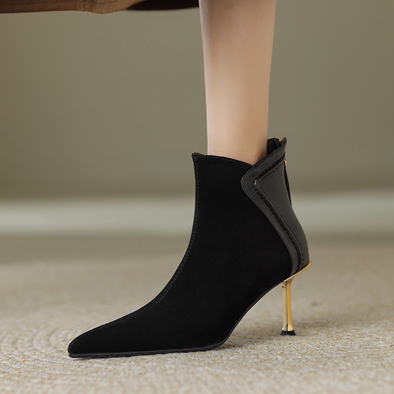 Customize Ladies Pointed Toe Black Suede Back Zipper Electroplated High Heel Women Ankle Boots