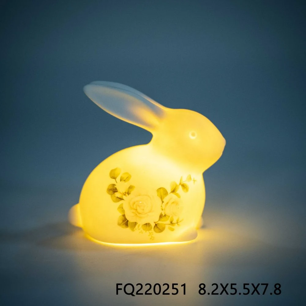Ceramic Bunny Figurine LED Table Decoration Holiday Easter Decor Cute Bunny Gift for Kid Ceramic Easter Animal Statue Decoration with LED Light