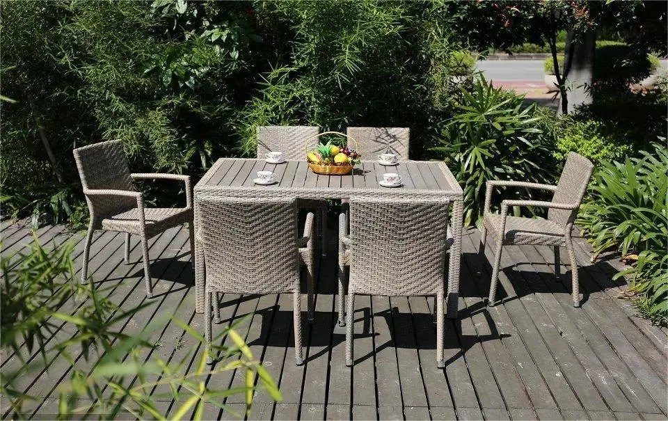 Moderno Rattan Garden Wicker combinação livre Pátio mobiliário Restaurante Café Cadeira de mesa de vime em plástico com ratã