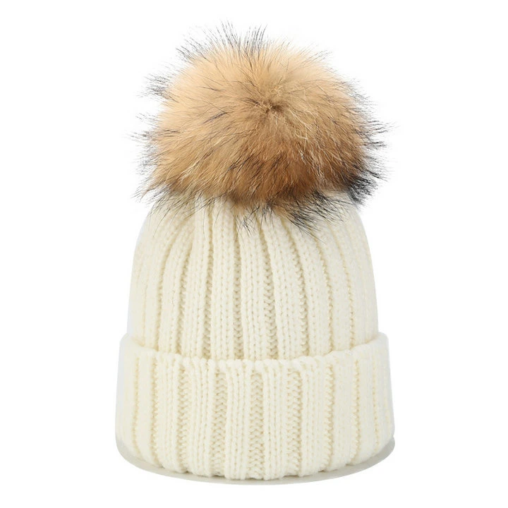 Parent Children Real Fur Pompom Knitted Hat New Candy Colors Winter's Hat Women Knitted Hat Warm Soft Trendy Hat Fashion Beanie Lady's Chic All-Match Hat