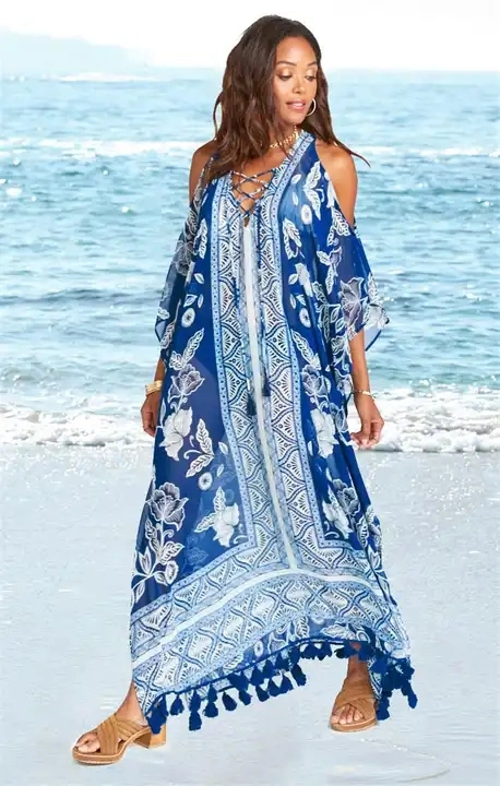 Heiße Verkauf Frauen Sommer Boho Kleid Beachwear Bikini Ein Stück Bademode Blau Sommer Cover UPS Strand