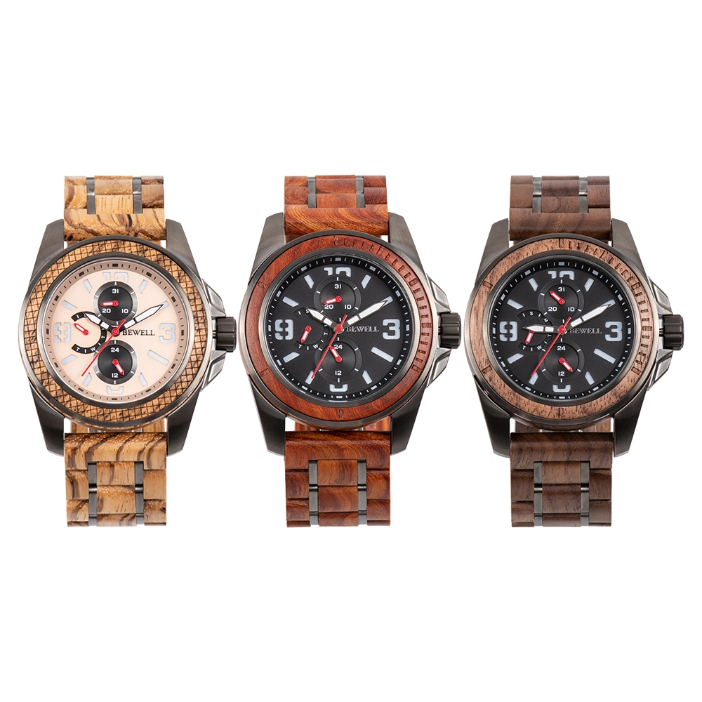 Bewell New Arrival Luxury Stainless Steel with Wood Case and Strap 3ATM Water Resistant Men Wood Chronograph Watch