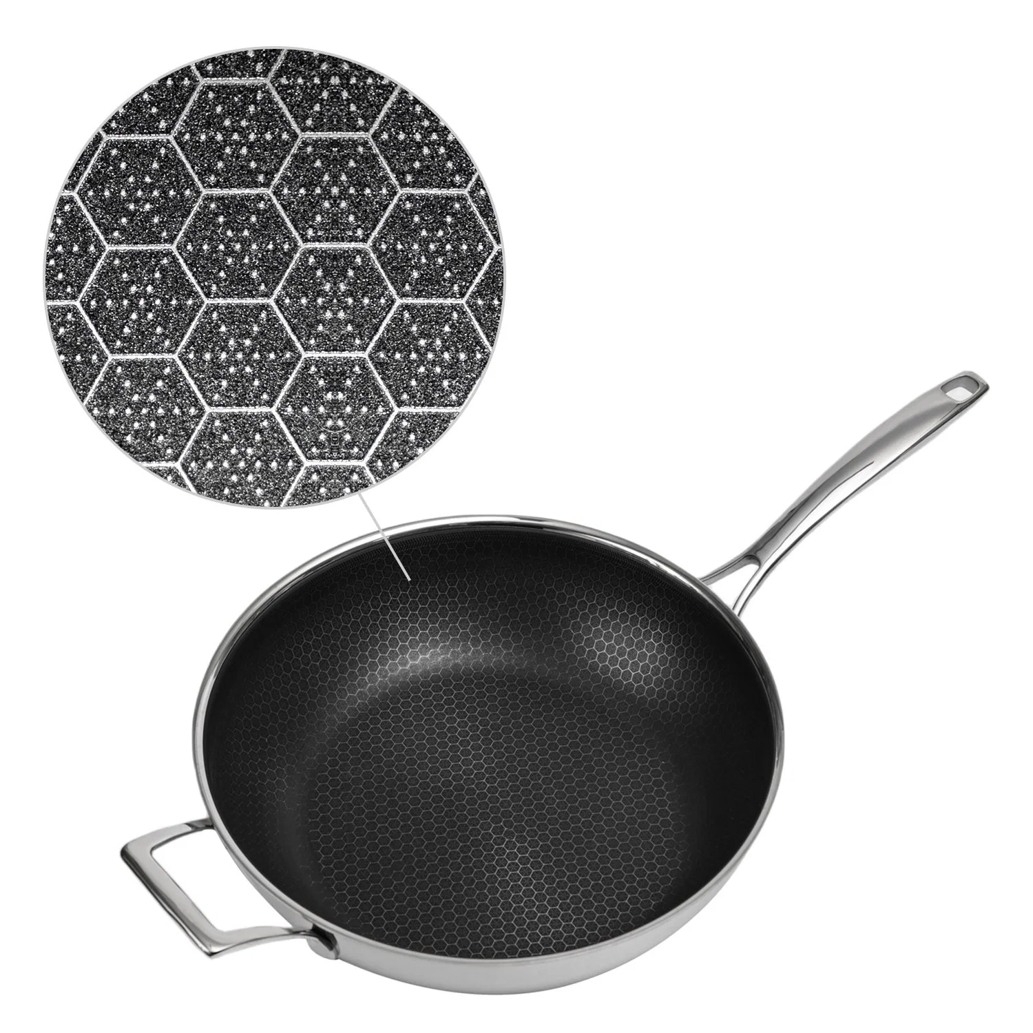 Venta en caliente Acero inoxidable Cookware no-Stick Doble capa de miel Comb Revestimiento 30cm Wok