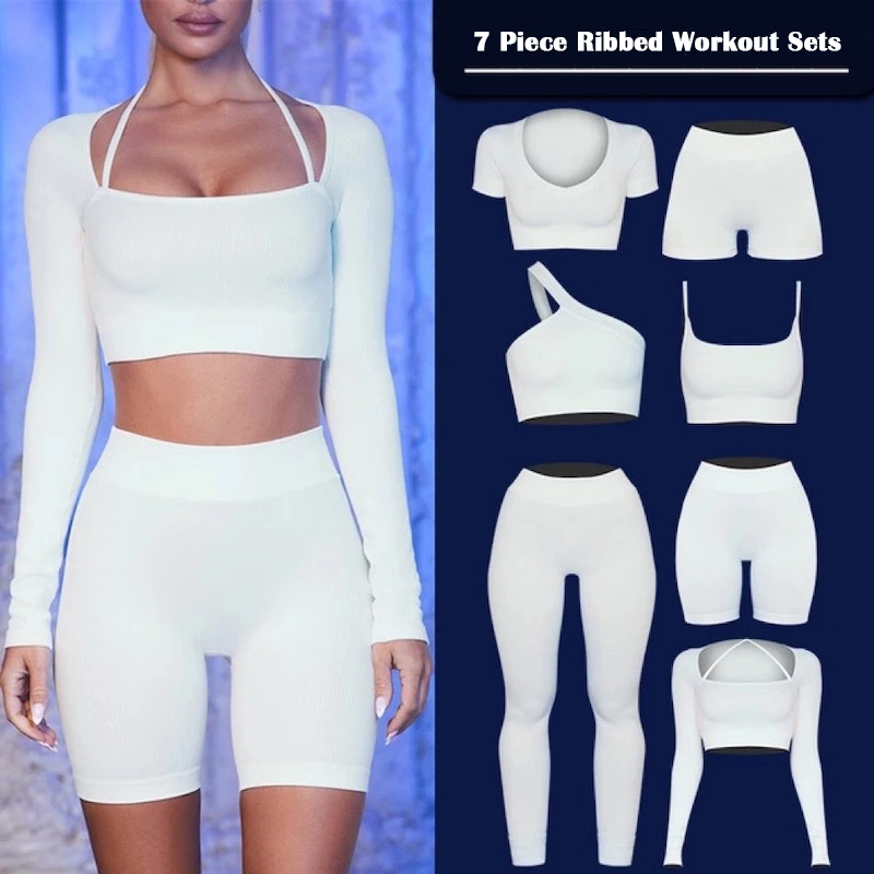 Bespoke Stylish Seamless One Shoulder Streetwear Workout Clothing for Women, White Ribbed Tank Top + High Waist Leggings Two Piece Gym Outfit Yoga Athletic Sets