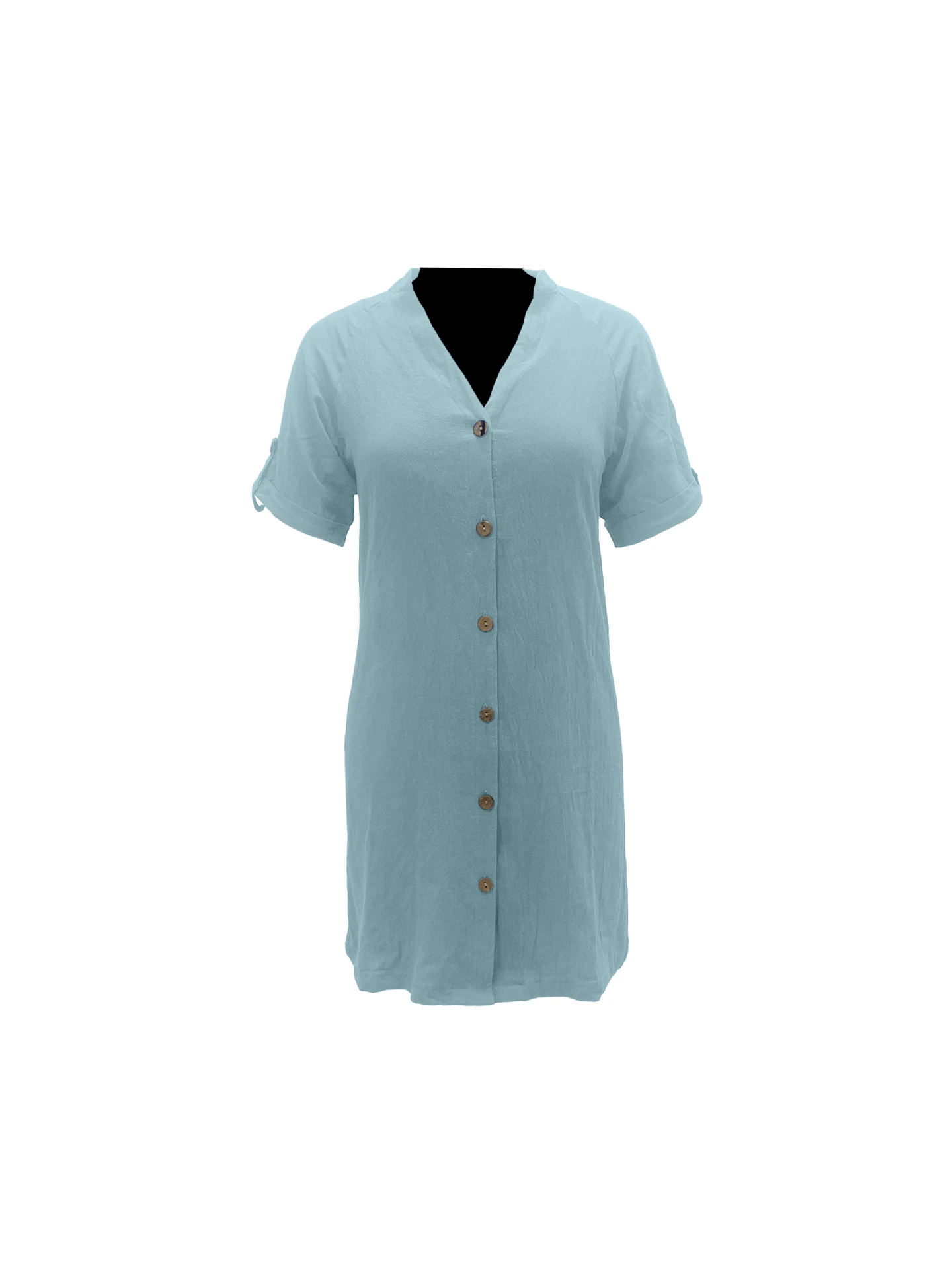 New Short-Sleeved V-Neck Single-Breasted Dress MID-Length Loose-Fitting Casual Solid Color A-Line Skirt