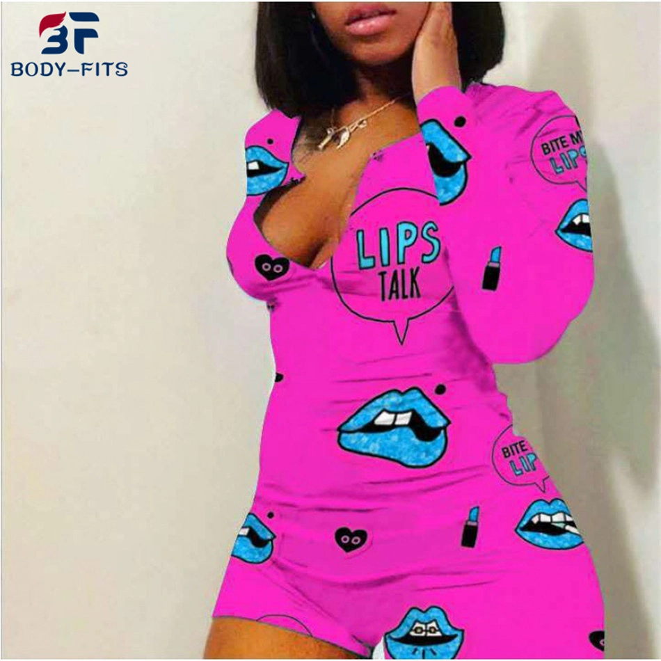 Women Lip Print Sexy Long Sleeve V Neck Short Onesie Pajamas