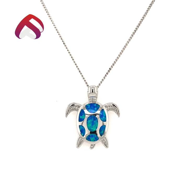 Tropical Style 925 Sterling Silver Blue Opal Jewelry Turtle Pendant Necklace (SPD85563)
