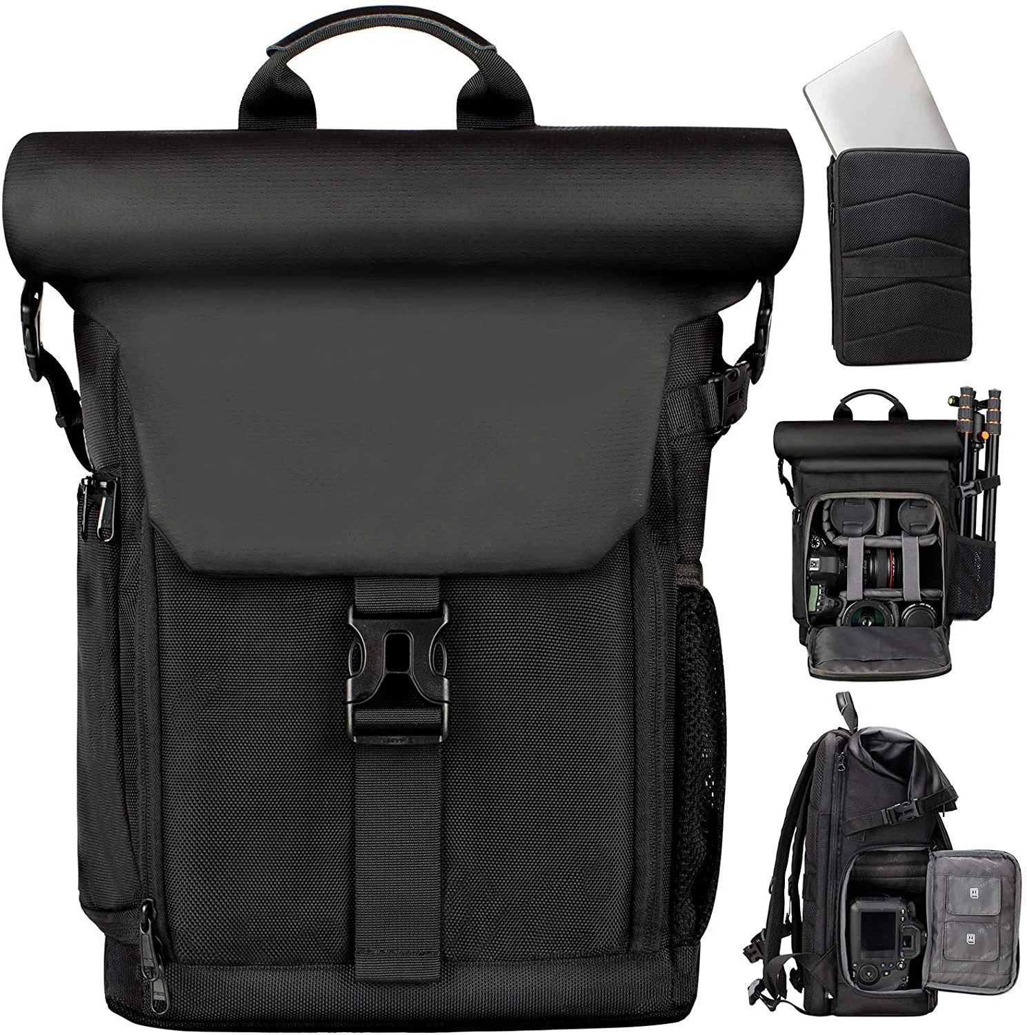 Canvas Camera Bag with Removable 16" Laptop Sleeve Photography for DSLR SLR Mirrorless Cameras Black Rolltop DSLR Backpack Bag