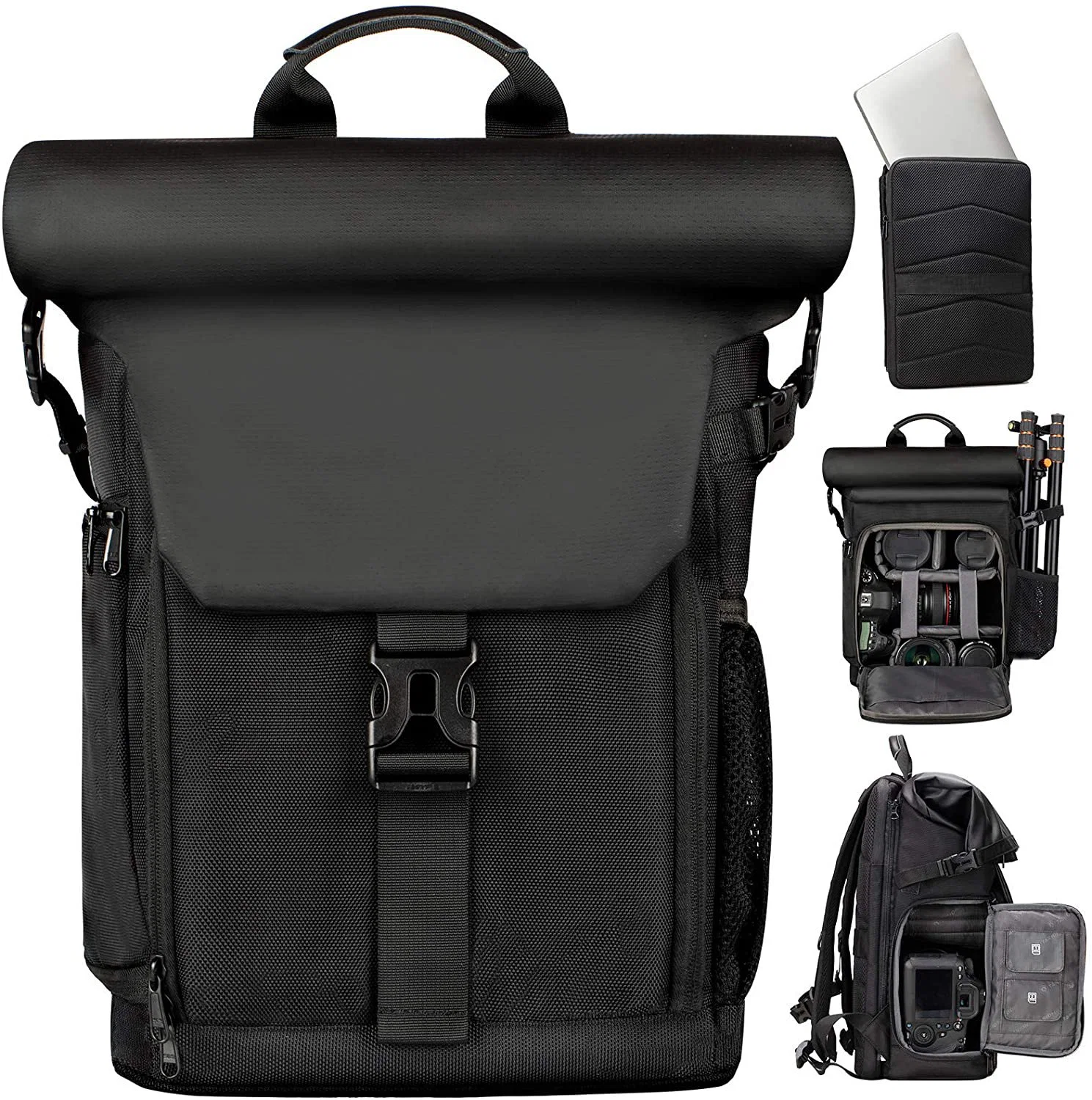 Funda de lona para cámara con funda extraíble para portátil de 16" para fotografía DSLR SLR Cámaras sin espejo Negro Rolltop DSLR Bolsa de mochila