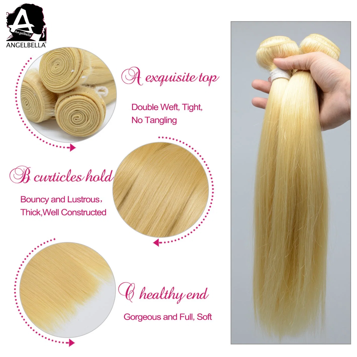 Angelbella European 100% Virgin Human Hair Weaving 613# Silky Straight Cheveux