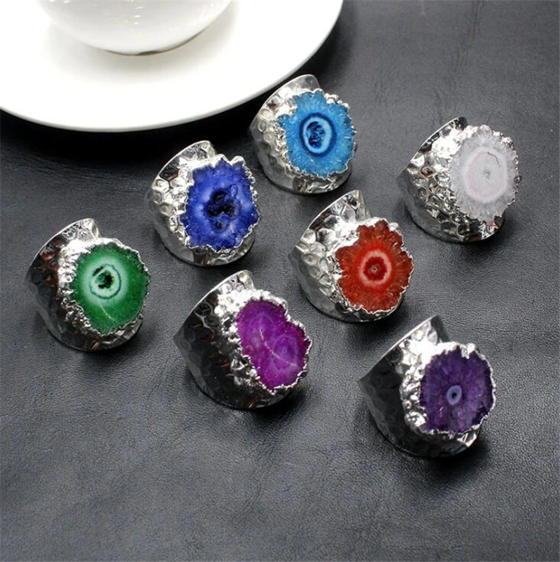 Wholesale Natural Stone Agates Sunflower Crystal Geode Sun Agate Ring Plating Silver Irregular Ring