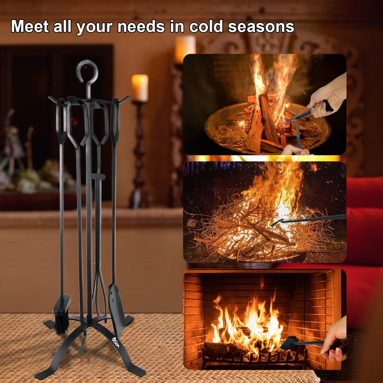 Fire Beauty Black 5 Pieces Fireplace Tools Set Wrought Iron Fire Place Tongs Poker Holder Accessories