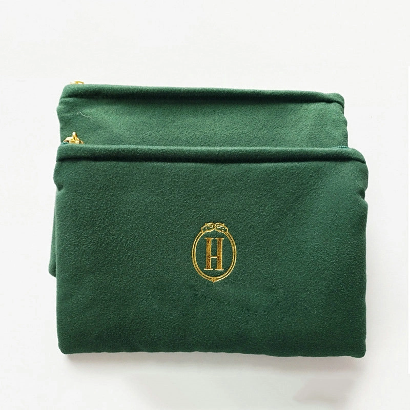 Suede Velvet Custom Embroidery Logo Pouch Luxury Beauty Makeup Zipper Closure Travel Professional Cosmetic Green Bag