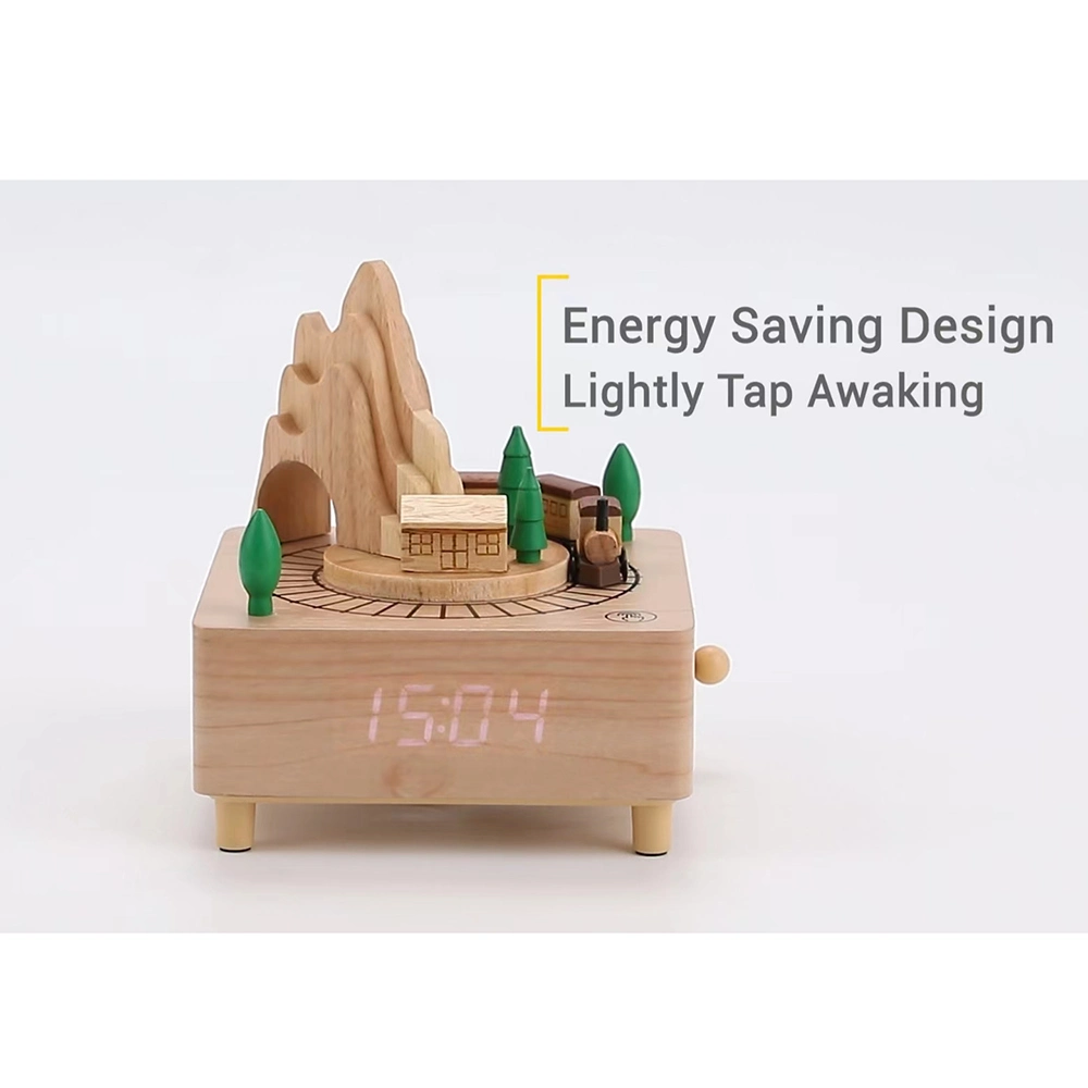 Children Gift Wooden Countryside Decorative Music Box LED Alarm Clock