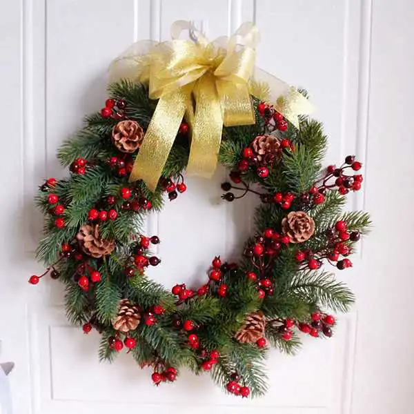 Christmas Simulation Pine Branch Flower Ring Berries Pine Cone Ring Door Decorations Hanging Wall Decorations