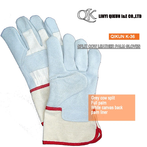 K-33 Grey Split Cow Leather Full Palm Liner Pasted Cuff Leather Gloves