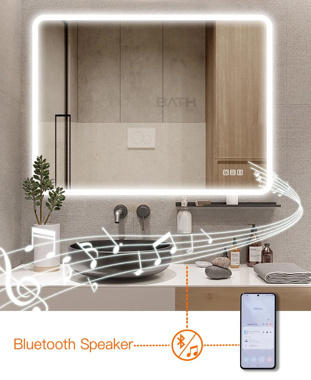 Meuble de toilette Ortonbath Smart Mirror avec lumières montage mural 24 x 18 pouces Désembueur de gradateur Crystal Clear miroir de salle de bains à LED incassable avec Bluetooth Haut-parleur de musique