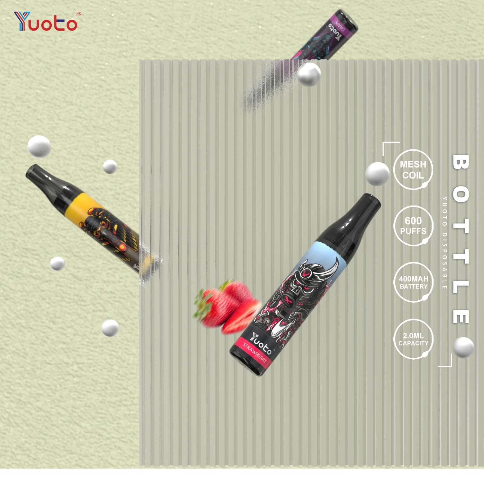 14 sabores frasco Yuoto 600 puff 2 ml de sumo de vape 400mAh Bateria de lítio bobina de malha de nicotina a 2% com vaporização TPD Yuoto