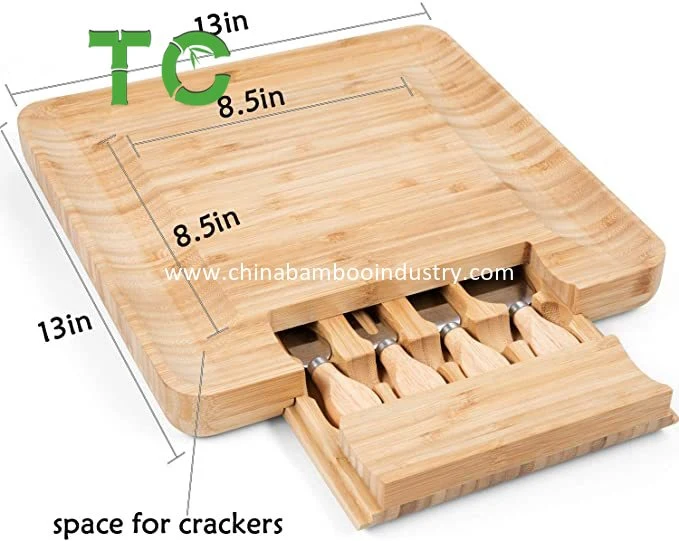 Natural Bamboo Cheese Board & Cutlery Set with Slide-out Drawer and Knife