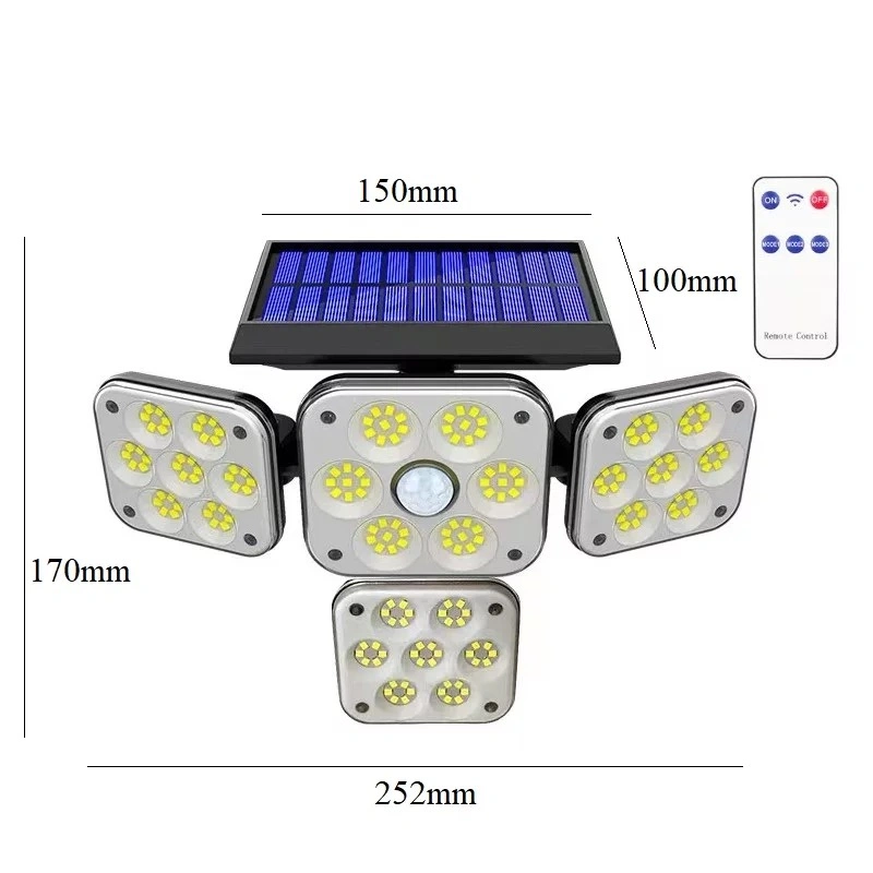 LED 180 à prova de água de venda direta de fábrica com lâmpada do sensor de movimento E telecomando 4 cabeças LED para exterior de aplique solar