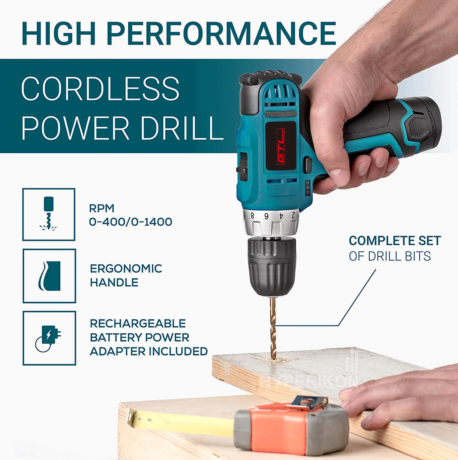 Power Drill Electric Driver 10.8V Rechargeable Li-ion Battery Cordless Drill with Variable Speed