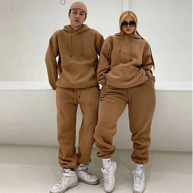 Track Suits Custom Unisex Hoodies and Jogger Sets Sports Wear Solid Logo Brown Sweatsuit Mens Women Loose Cotton Ribbed Unisex Tracksuit