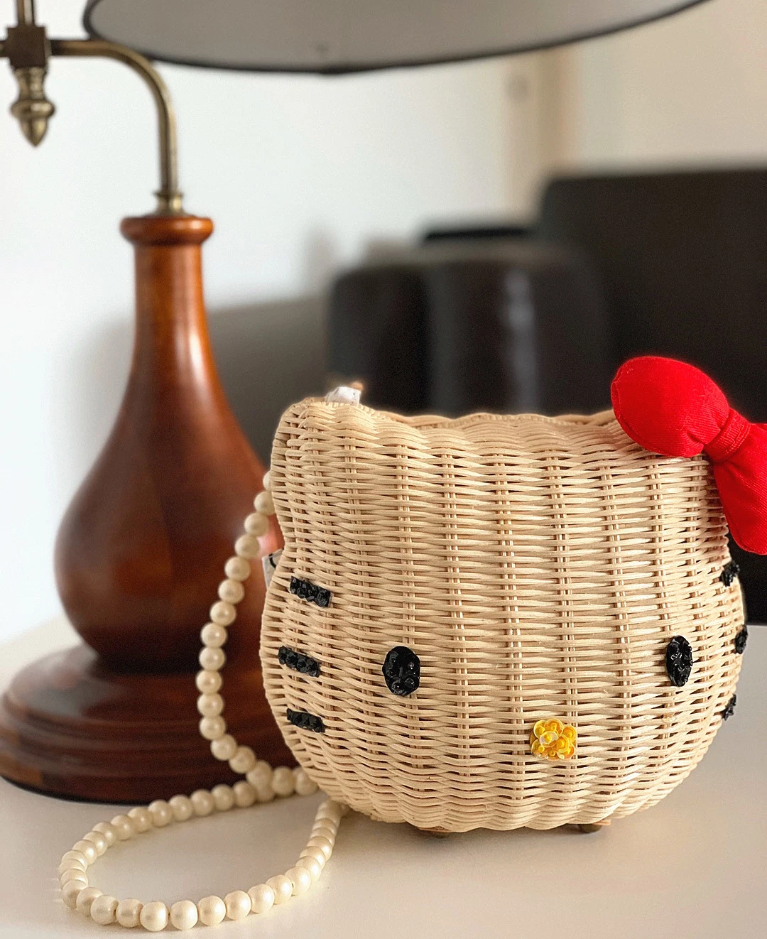 New Cartoon Image Hand Woven Ladies Shoulder Bag Rattan with PU Strap