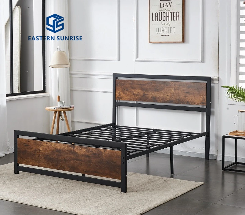 Cadres de lits métalliques lourds avec tête de lit en bois, mobilier de chambre simple/double