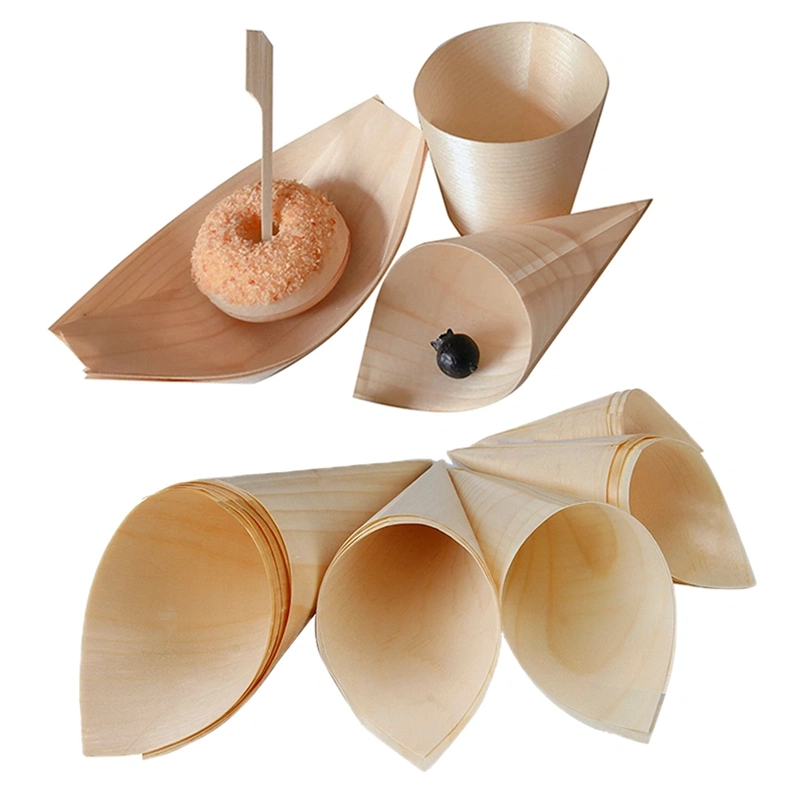 Compost Disposable Wooden Tableware 85mm Diameter Wooden Cone Custom for Ice Cream