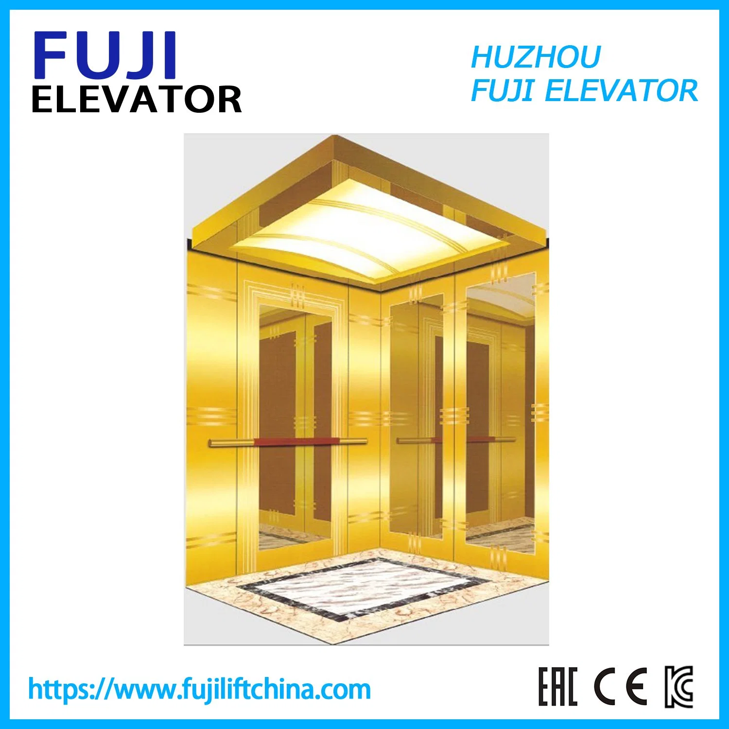 FUJI China Factory Vvvf 630kg Goldn Mirror Etching Finish Passenger Elevator with Stainless Steel Glass Door