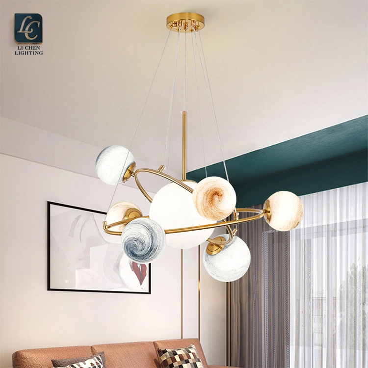 Planet Chandelier Iron Frame Glass Globe Modern Pendant Lamp