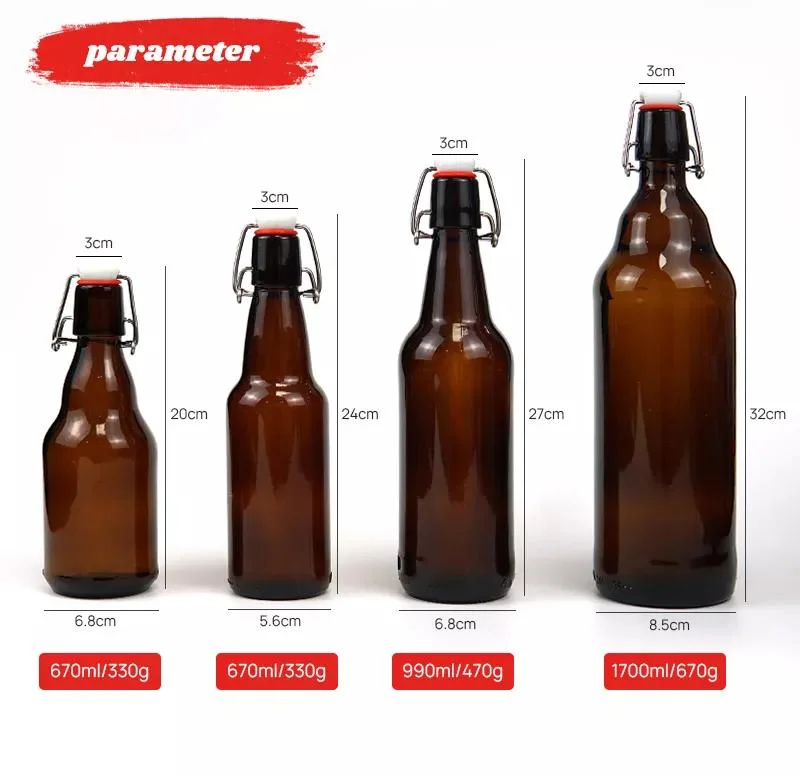 Amostra grátis de garrafa de cerveja de vidro vazia, reciclável, com tampa de balanço, com logotipo personalizado, para Kombucha, nos tamanhos de 200ml, 250ml, 300ml, 330ml, 500ml e 1 litro.