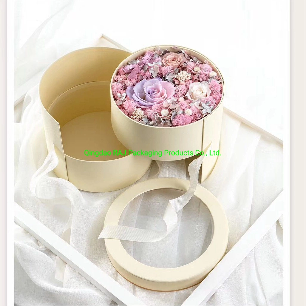 OEM Factory Custom 2 Tier Valentine Rose Round Flower Packaging Caixa de oferta com janela transparente