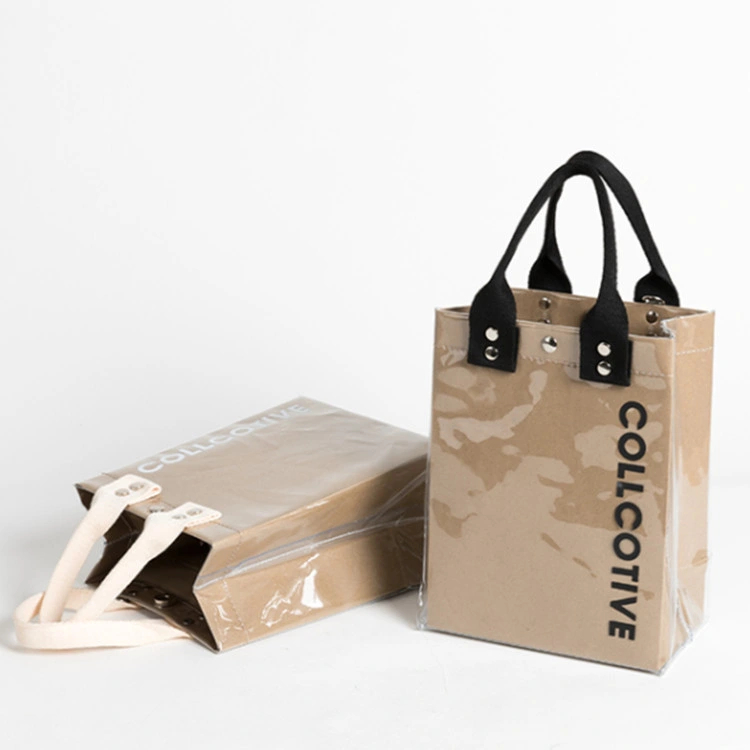 China Factory OEM Custom Logo Printed Kraft Paper with PVC Transparent Tote Bag