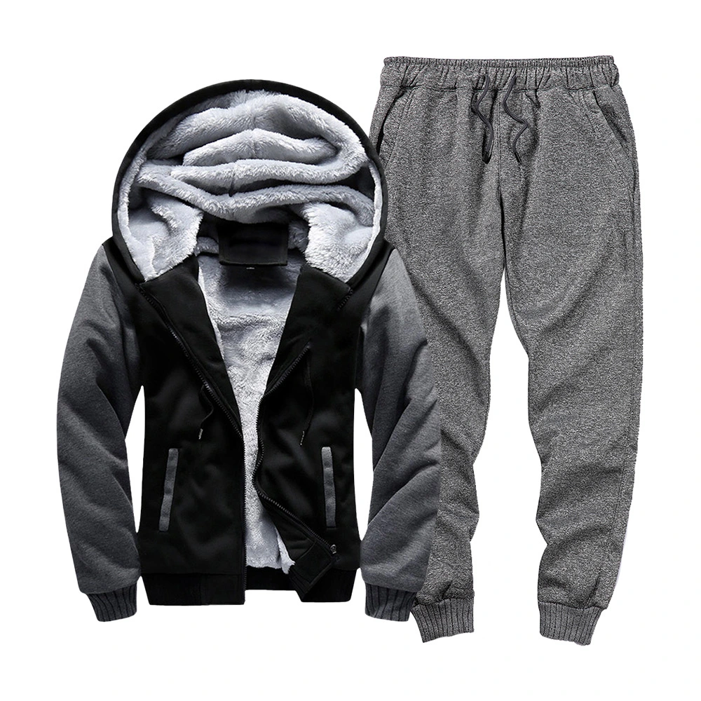 2021 S-2XL Contrast Colors Winter Daily Fleece Jogging Training Zipper Hoodie Men&prime; S Sportswear Tracksuit Set with Warm Fur Lining